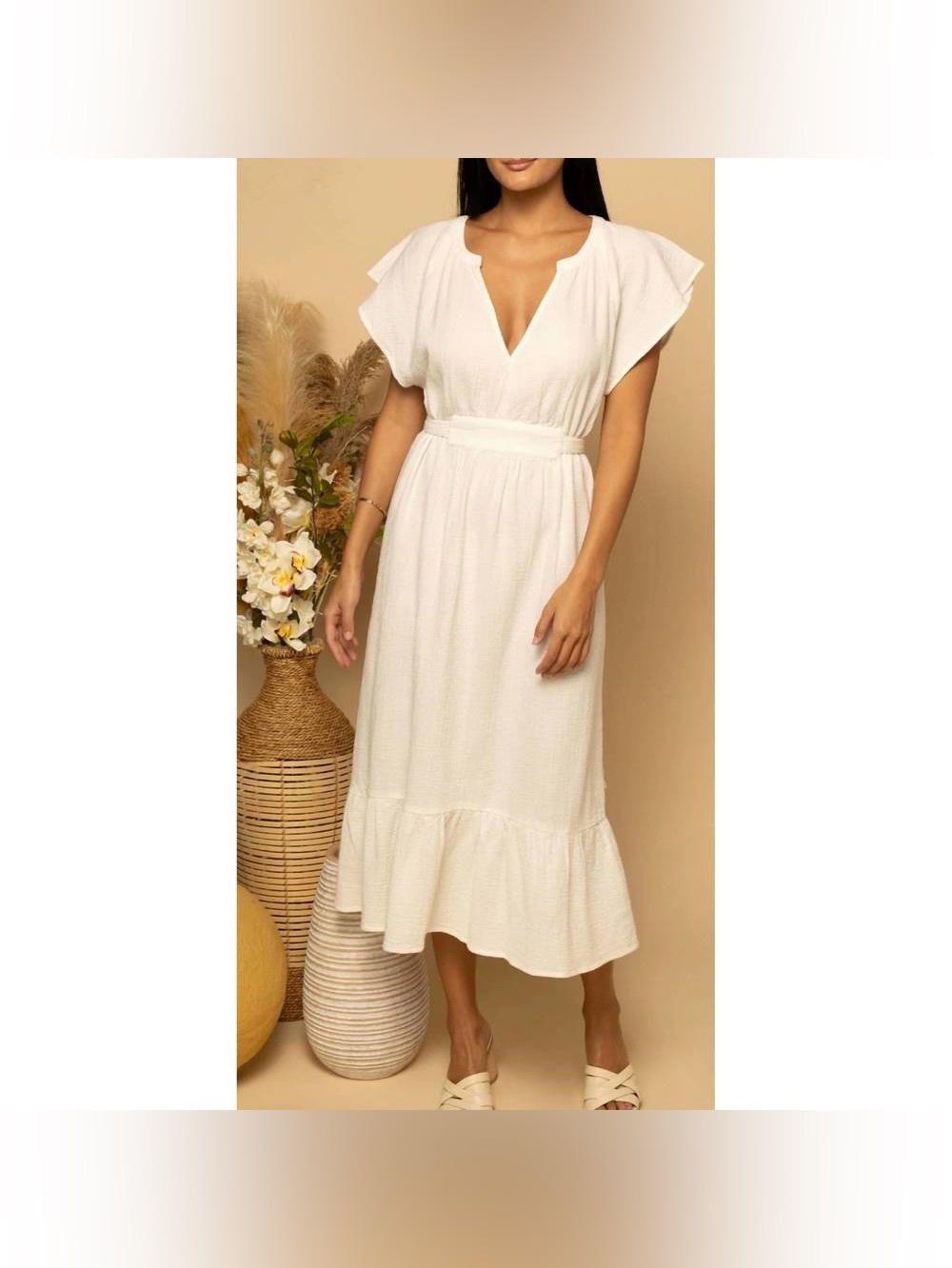 SHORE Brand White Alys Belted Tiered Flutter Sleeve Midi Dress NWT Sz. Small